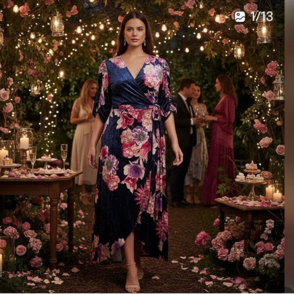 Kiyonna Beautiful Floral Velvet Wrap Dress